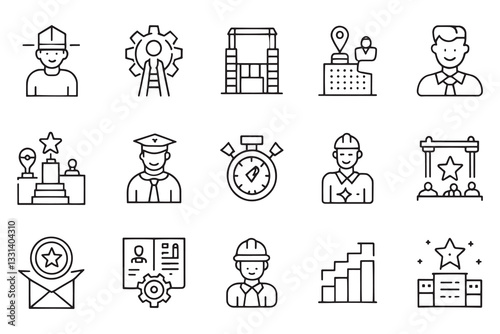 Progress, career, related editable stroke outline icon set flat vector illustration.