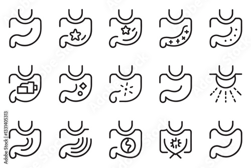 Stomach icon set editable stroke outline isolated flat vector illustration on white background.