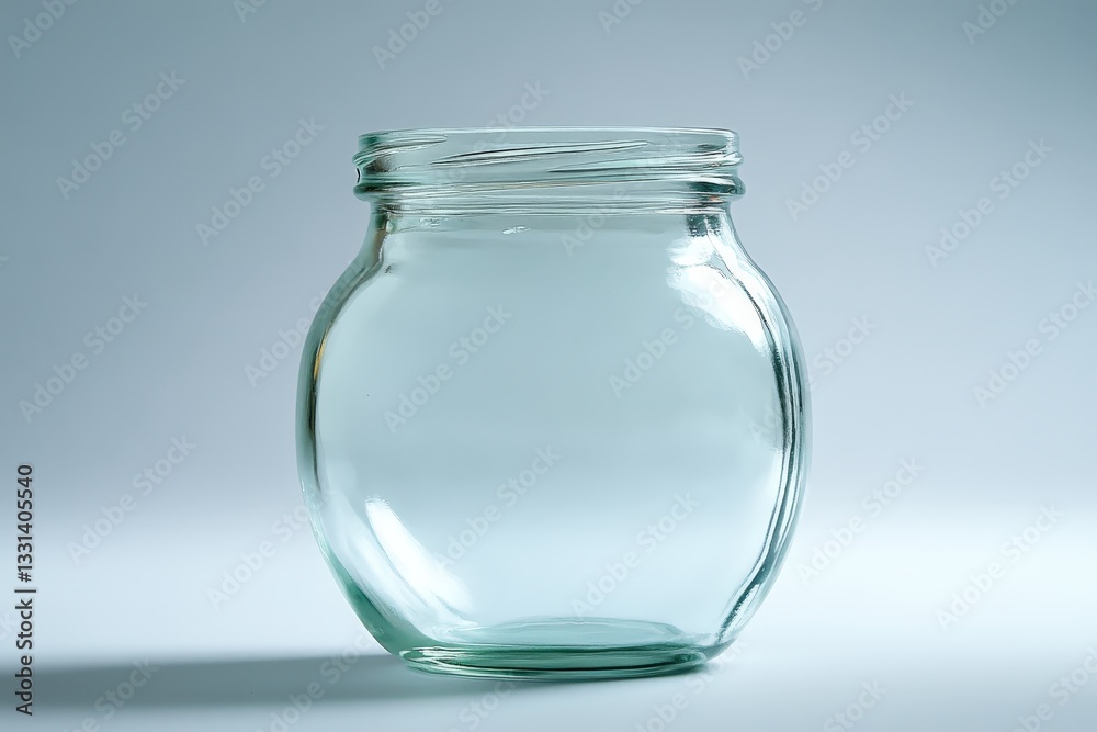 An empty clear glass jar sitting against a white background An empty clear glass jar sitting against a white background