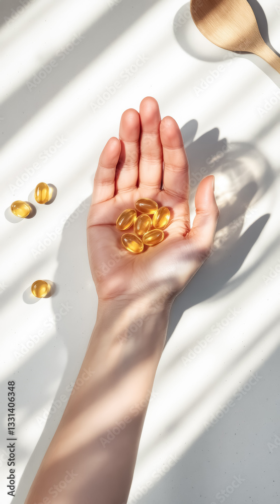 Obraz premium hand gently holds several translucent amber softgel capsules against a bright white background