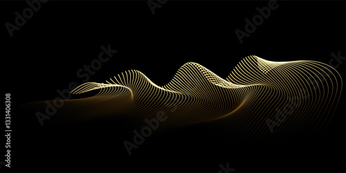Abstract waves vector wavy lines flowing smooth curve gold light gradient isolated on black background in concept of technology, luxury, science, music, modern.