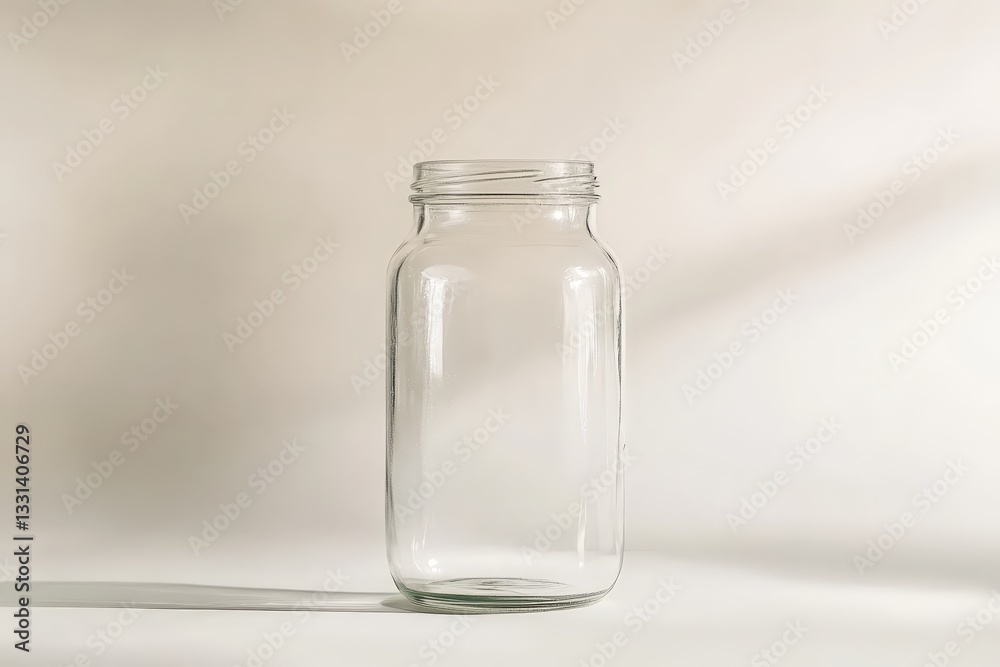 A clear empty glass jar stands against a neutral backdrop A clear empty glass jar stands against a neutral backdrop