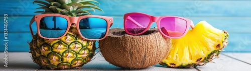A vibrant scene featuring three cheerful pineapples, each sporting stylish sunglasses, sitting playfully on a wooden table beside a refreshing coconut drink adorned with a colorful straw.