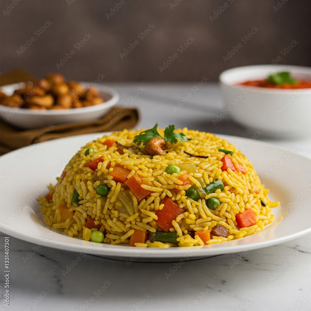 Indian Vegetable Pulav or Biryani made using Basmati Rice, served in white ceramic plate. selective focus Indian Vegetable Pulav or Biryani made using Basmati Rice, served in white ceramic plate. selective focus