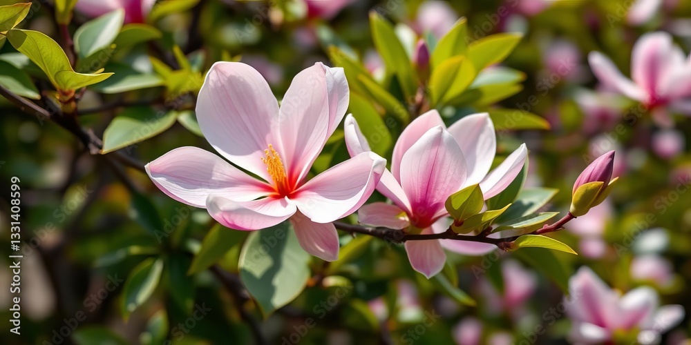 Fototapeta premium Delicate pink magnolia blossom on a spring branch, vibrant petals, lush green leaves in a garden, garden, plant