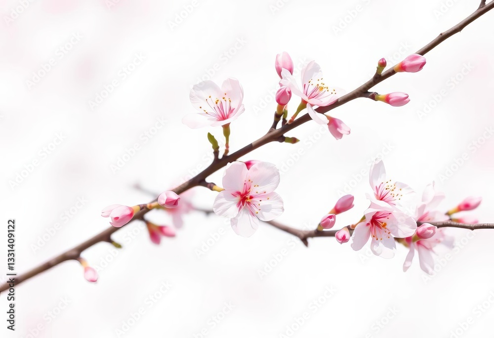 Delicate pink spring blossoms on branches, isolated on white background, nature, tree Delicate pink spring blossoms on branches, isolated on white background, nature, tree