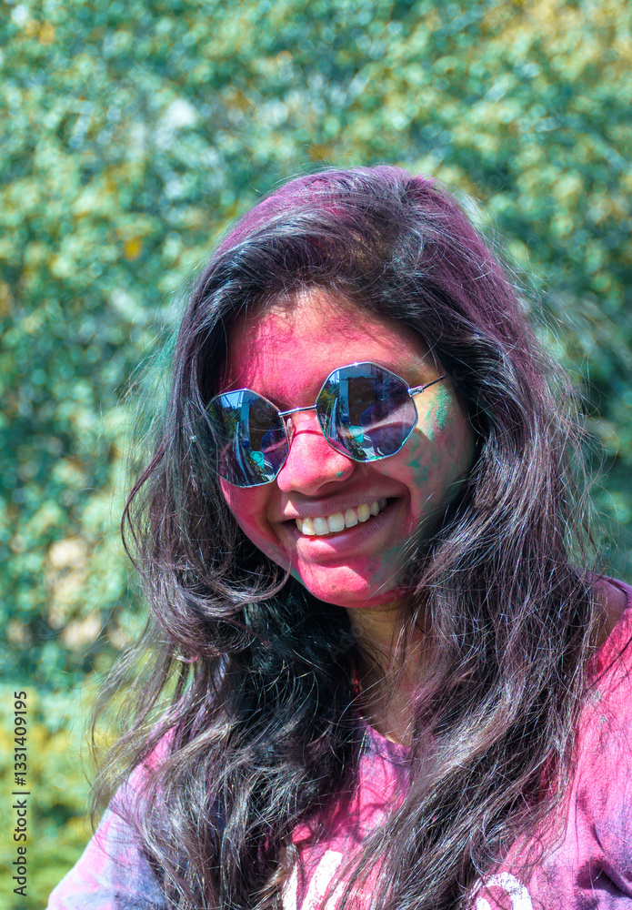 custom made wallpaper toronto digitalHoli festival of color, Splashing dry organic color or colour or gulal or abeer or Holi powder on a beautiful young girl woman lady playing celebrating enjoying holi
