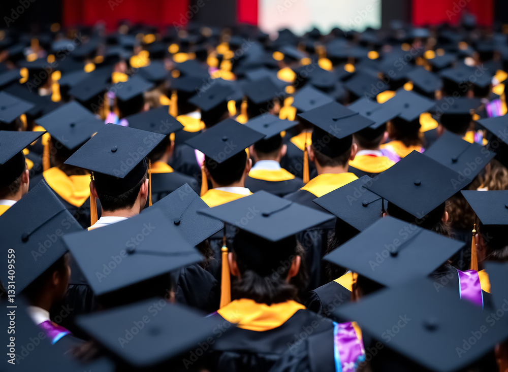 numerous graduates in academic regalia sit together during a commencement ceremony numerous graduates in academic regalia sit together during a commencement ceremony