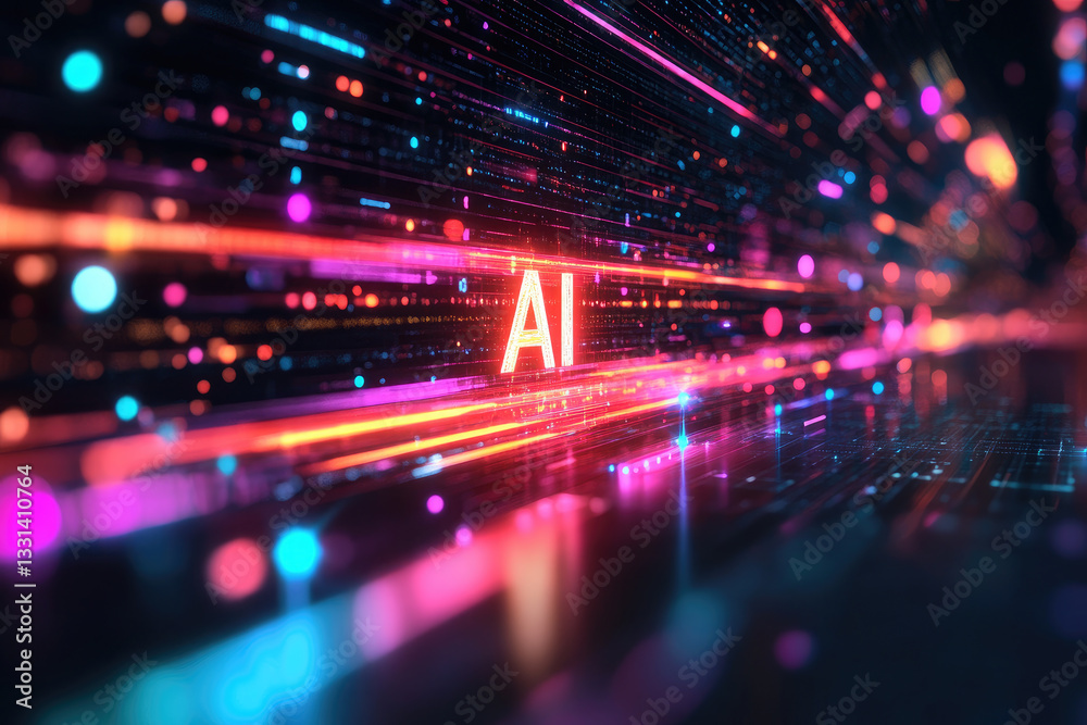 Neon glowing AI sign,designation, typography in a futuristic digital environment,symbolizing artificial intelligence,machine learning,data processing,future of cybernetics.,copy space,banner