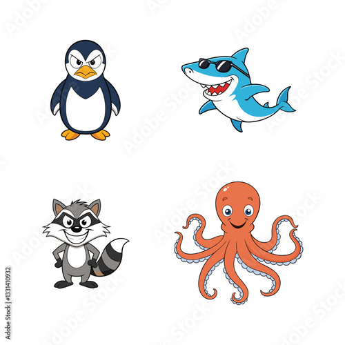Playful & Unique Cartoon Mascot Logos – Penguin, Octopus, Raccoon, Shark