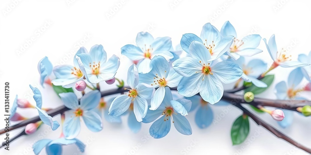 Fototapeta premium Delicate watercolor blue spring blossoms, petals softly rendered on pristine white , sky blue, delicate