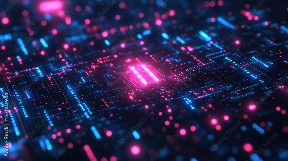 Futuristic digital interface with pink and blue glowing circuits, representing artificial intelligence, neural networks, and high-tech computing in a cybernetic environment. Futuristic digital interface with pink and blue glowing circuits, representing artificial intelligence, neural networks, and high-tech computing in a cybernetic environment.