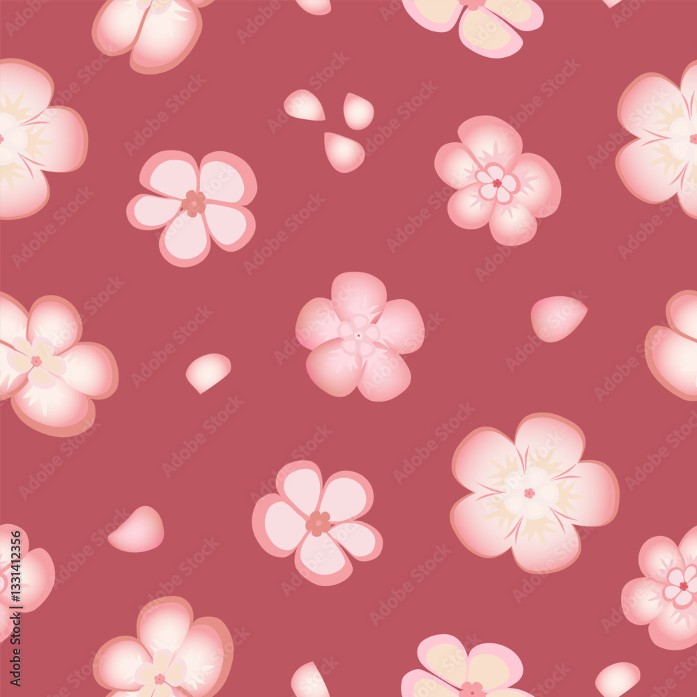 Spring seamless pattern with sakura flowers on red background. Pink flowers of Japanese cherry, or apple flowers. Spring seamless pattern with sakura flowers on red background. Pink flowers of Japanese cherry, or apple flowers.