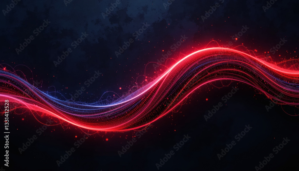 Obraz premium Glowing Gradient Wave Shape in Vibrant Red, Blue, and Black with Noise Texture, Set Against a Dark Abstract Grainy Background
