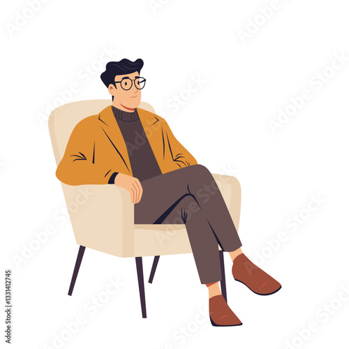 Vector illustration of Man in glasses sitting in chair isolated on white background. psychologist at session