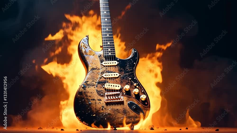 Elektrische Gitarre mit Flammen in einem intensiven Lichteffekt