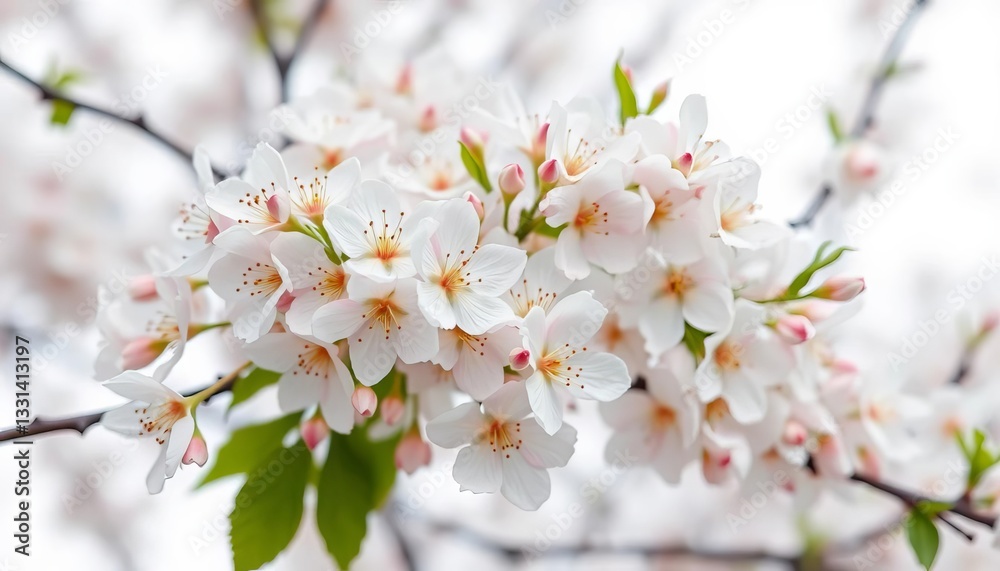 Delicate white cherry blossoms in full bloom against a pure white background, branches, pretty Delicate white cherry blossoms in full bloom against a pure white background, branches, pretty