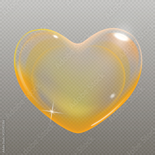 Realistic transparent yellow vector soap bubble shaped as heart. Romantic glossy soapy heart. Valentine day symbol. Black background.