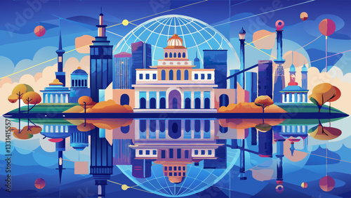 Iconic Building With Global Network Connections Reflected In Calm Water, Communication Concept