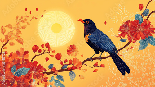 Sinhala New Year illustration, featuring Erythrina Fusca flowers, black Asian koel birds, and a shining sun symbolizing prosperity and joy.