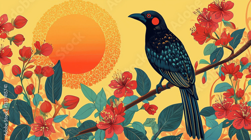 Sinhala New Year illustration, featuring Erythrina Fusca flowers, black Asian koel birds, and a shining sun symbolizing prosperity and joy.