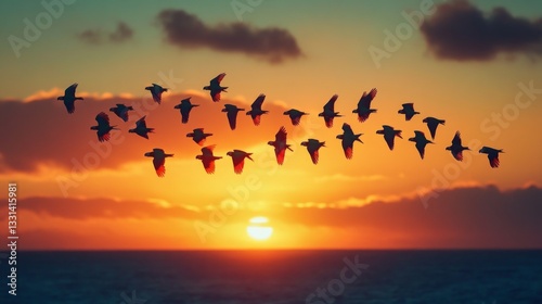 Wallpaper Mural A flock of colorful parrots flying in formation against a stunning sunset, their feathers shimmering in the warm light of the evening sky. Torontodigital.ca