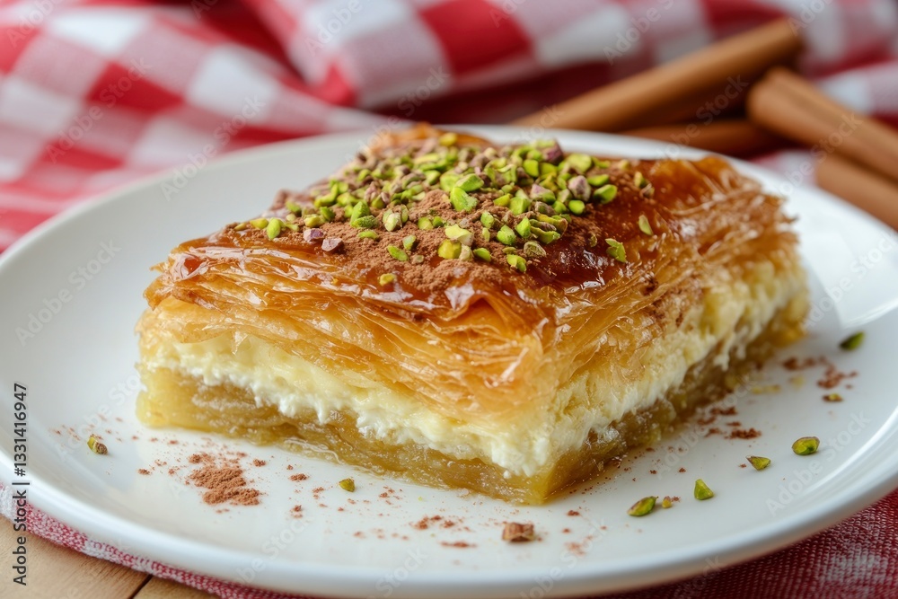 Delicious Cream Baklava Dessert Topped with Pistachios on White Plate Delicious Cream Baklava Dessert Topped with Pistachios on White Plate