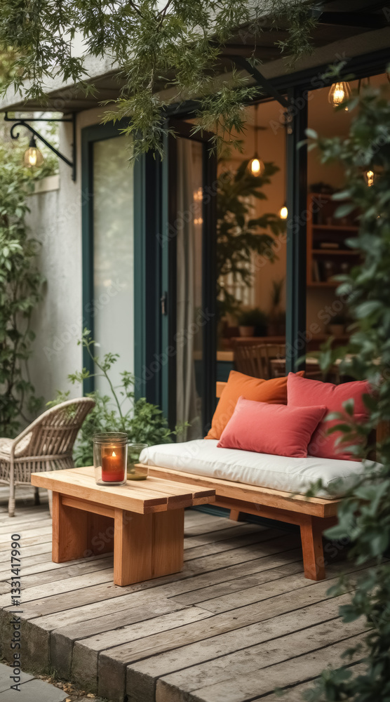 Obraz premium wooden bench with pillows on a deck creating a relaxing outdoor setting