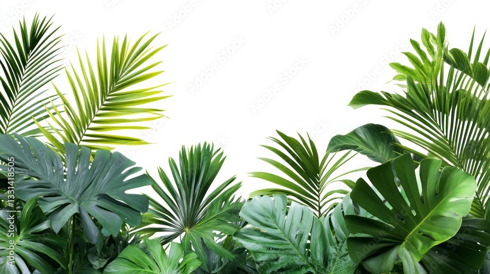 Lush Tropical Plants Frame with Monstera and Palm Leaves on White Lush Tropical Plants Frame with Monstera and Palm Leaves on White