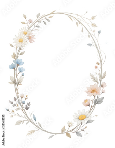 Soft Oval Watercolor Daisy Frame with Gentle Botanical Accents