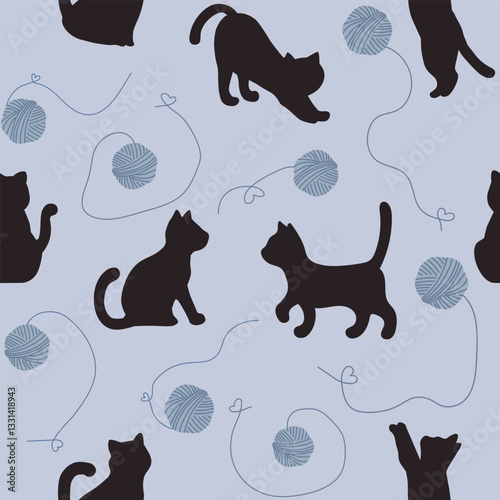 cats silhouette  with wool yarns seamless pattern , vector , illustration  