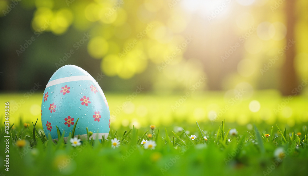 Decorated Blue Easter Egg in Green Grass with Sunlight and Bokeh