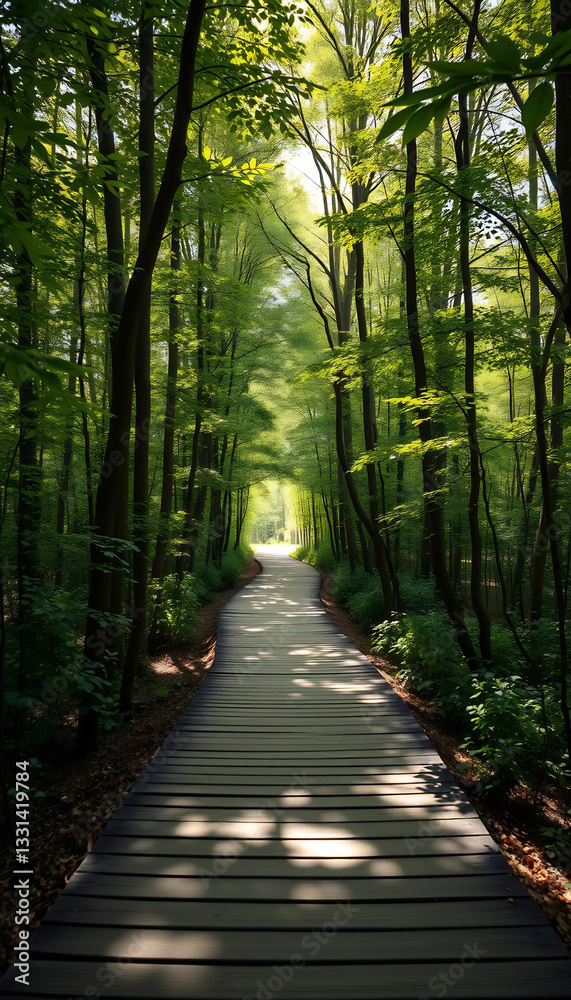 Fototapeta premium Sunlit Wooden Path in Forest