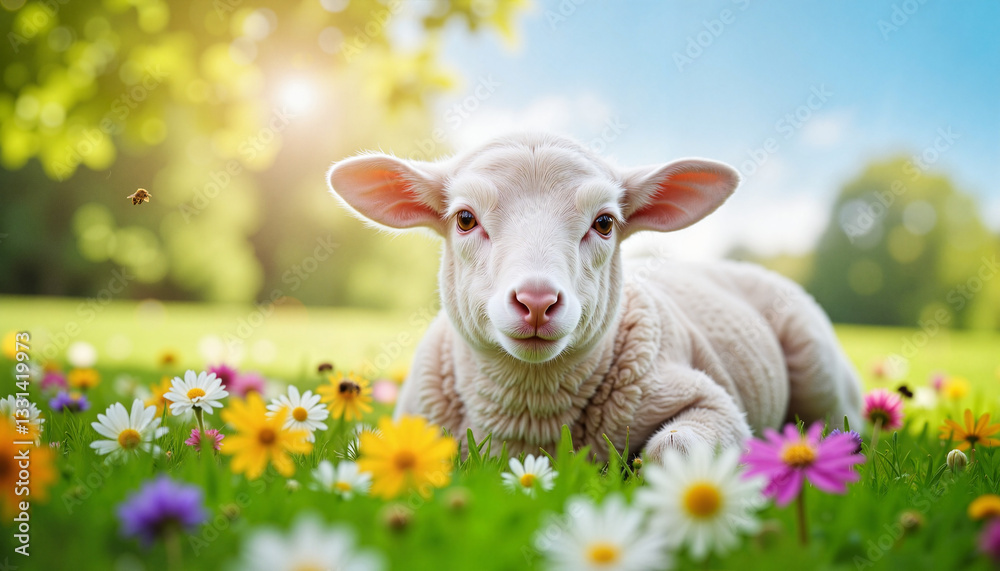 Adorable Lamb Lying in a Colorful Flower Meadow on a Sunny Day