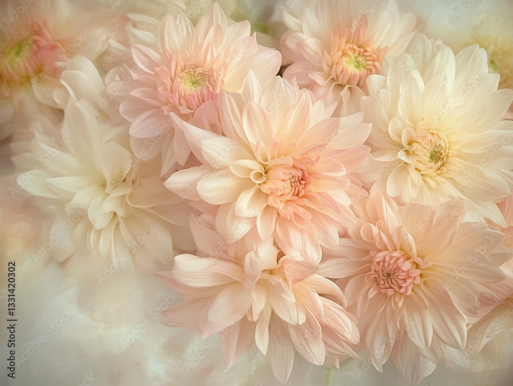Fototapeta premium Soft and Delicate Peach and Cream Dahlia Flowers in a Blooming Arrangement on a Light Background