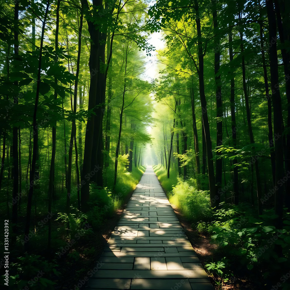 Sunlit Wooden Path in Forest Sunlit Wooden Path in Forest