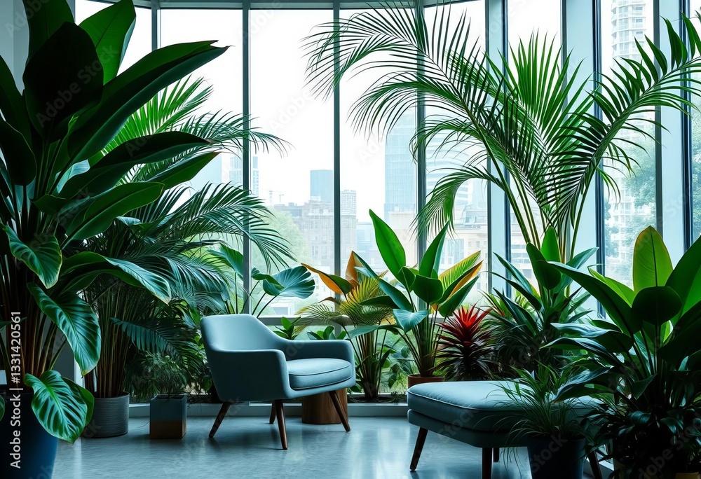 Fototapeta premium Grey armchair by panoramic window, lush indoor plants, monstera, palm trees, urban jungle, biophilic design, minimalist, monstera