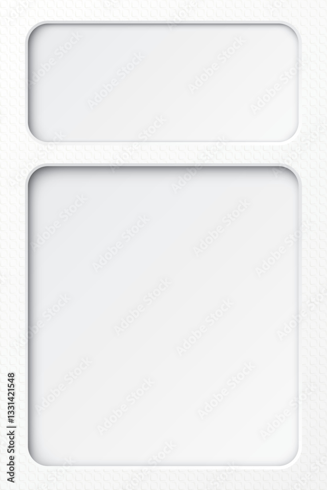 White wood free uncoated paper rough textured vertical background with two blank 3D rounded rectangle frame paper cut style graphic illustration. White wood free uncoated paper rough textured vertical background with two blank 3D rounded rectangle frame paper cut style graphic illustration.