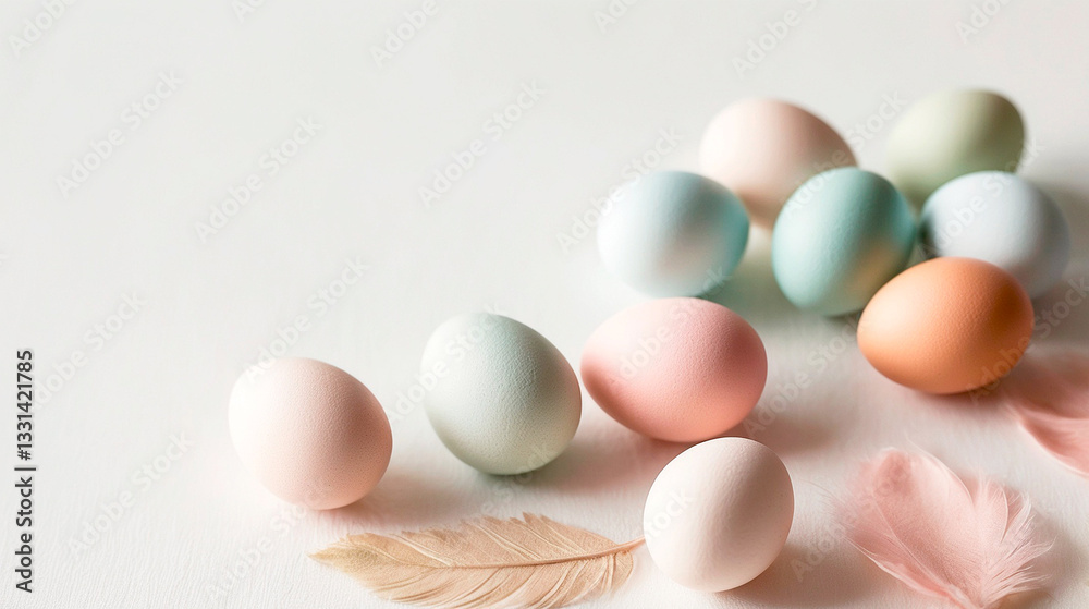 Easter eggs and colorful feathers on light background, AI generated illustration. Easter eggs and colorful feathers on light background, AI generated illustration.