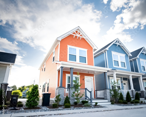 two-toned houses with contrasting colors and architectural details.