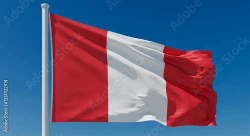 Imagen Bandera de Perú ondeando al viento sobre un fondo de cielo azul claro. La bandera tiene tres franjas verticales: roja, blanca y roja. Símbolo de orgullo nacional e historia del país