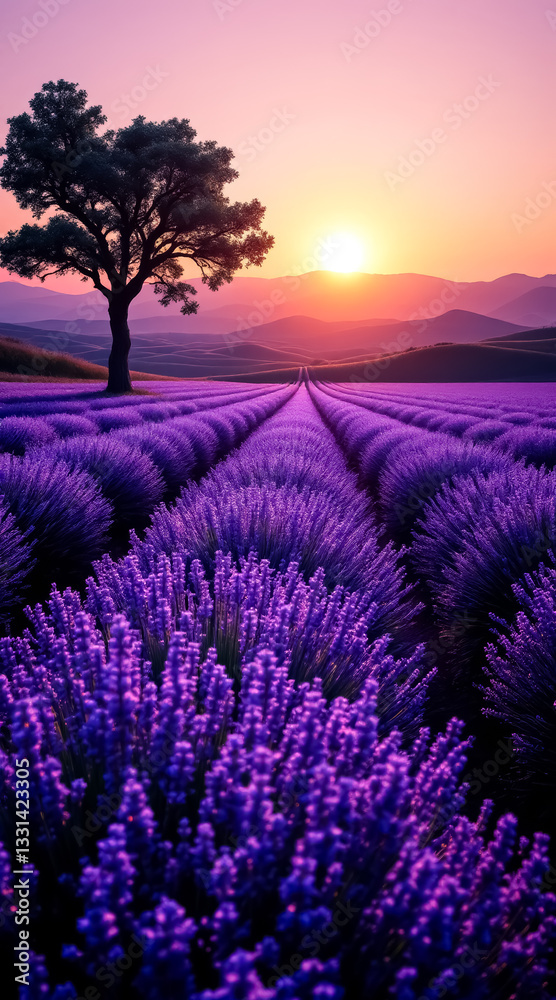 Fototapeta premium solitary tree in a lavender field at sunset