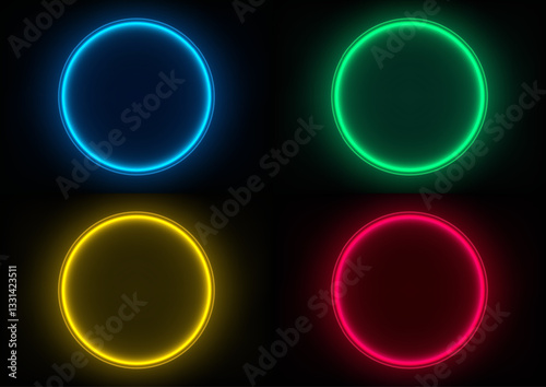 glowing neon circles in blue green yellow red grid, modern technology concept, vibrant light display