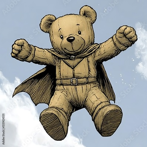 A teddy bear character wearing a costume flies in the sky