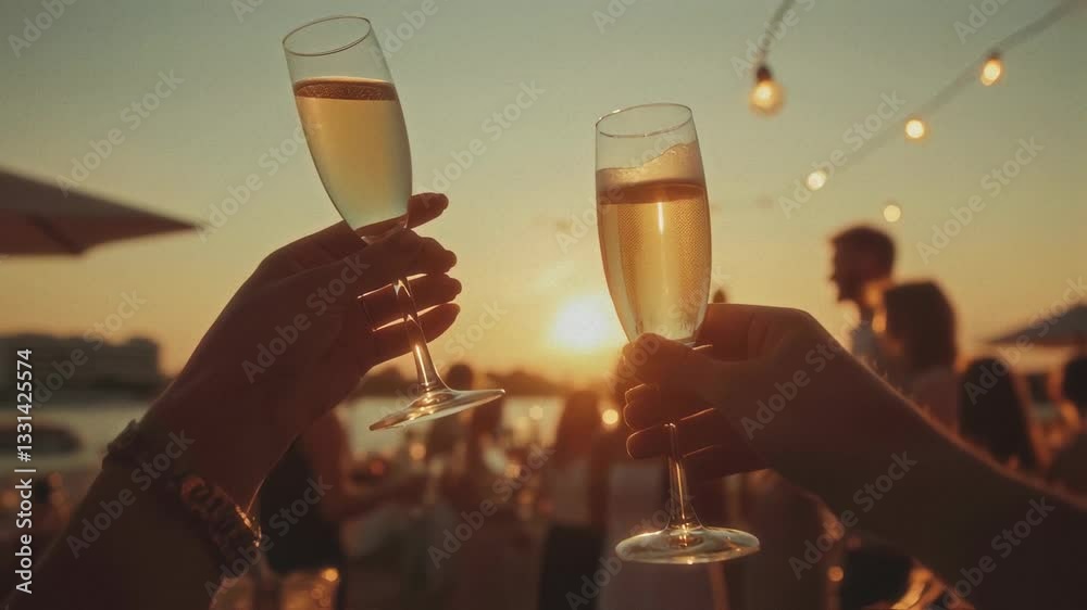 Celebration, champagne and toast with people clinking glasses at sunset for party, friendship and happy moment on rooftop or outdoor event with festive atmosphere, drinks and summer gathering