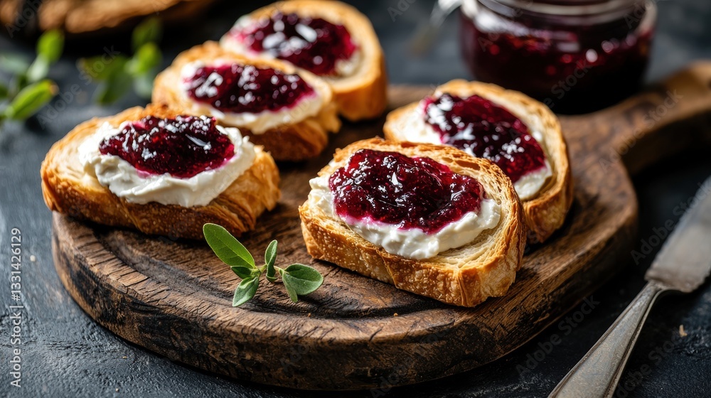 Wooden serving board with four pieces of bread on it. the bread is golden brown and has a criss-cross pattern on top. on top of the bread, there is a generous layer of red jam or jelly spread. Wooden serving board with four pieces of bread on it. the bread is golden brown and has a criss-cross pattern on top. on top of the bread, there is a generous layer of red jam or jelly spread.