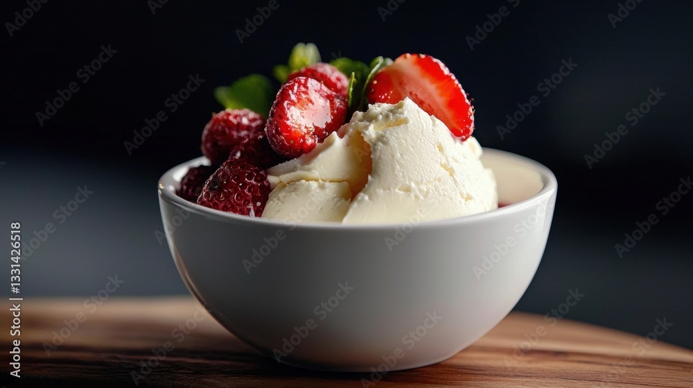 Close-up of a white bowl filled with a scoop of vanilla ice cream. the ice cream is topped with fresh strawberries and a sprig of mint leaves.