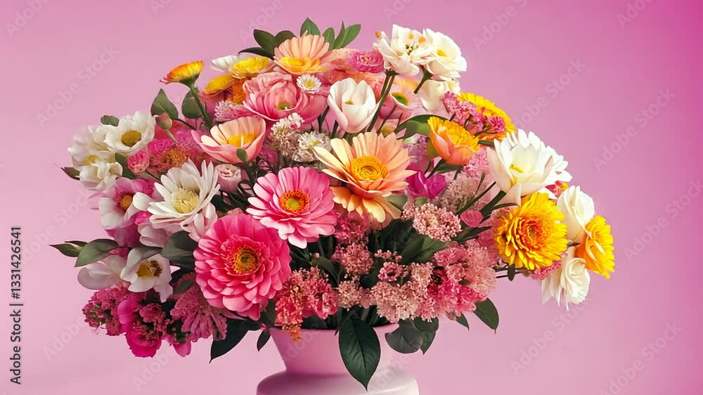 Rosenstrauß in rosa Vase vor weichem Hintergrund in stilvoller Anordnung Rosenstrauß in rosa Vase vor weichem Hintergrund in stilvoller Anordnung