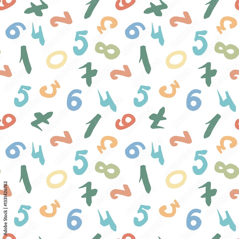 A fun pastel seamless pattern with numbers. Multi-colored numbers in doodle style. illustration for fabric design, kids wear, accessories