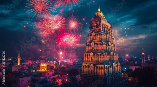 Traditional Tamil New Year night scene with a dazzling temple and fireworks, representing faith, new beginnings, and festive joy.
